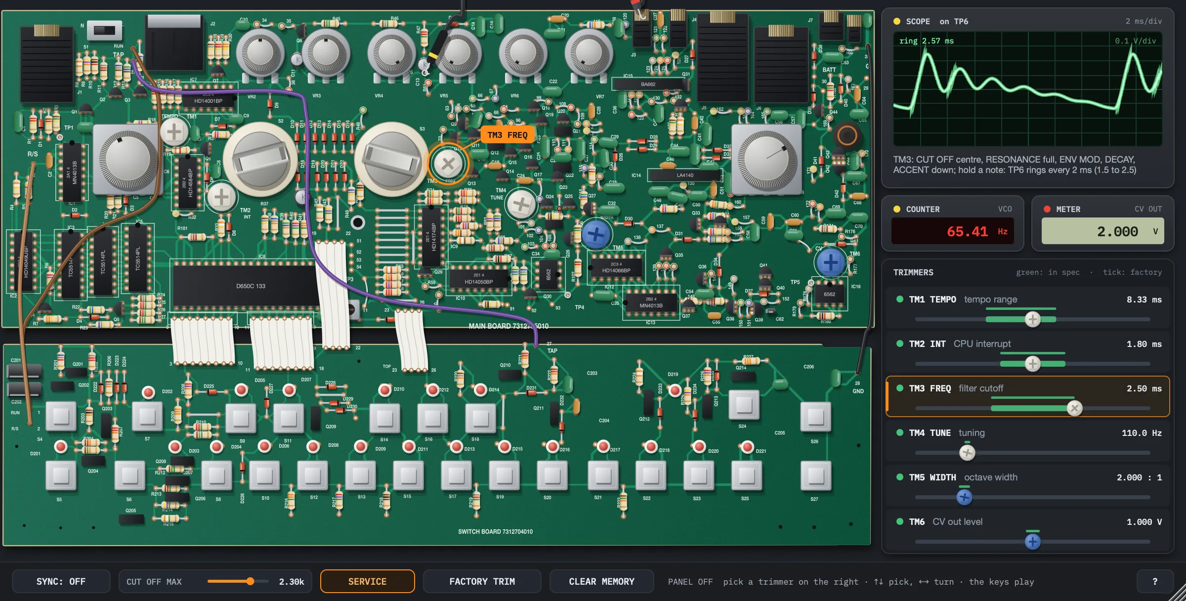 ro-mono-303 with SERVICE on: the TB-303's main board with its six trimmers, the switch board in front of it, and beside them a scope showing the filter ringing at test point TP6, a frequency counter, a meter on CV OUT and the service notes' adjustment steps, all in spec