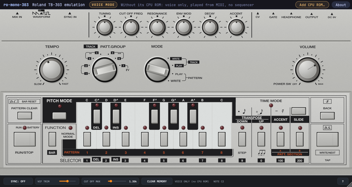 ro-mono-303 in voice mode: the TB-303 panel with knobs, switches and keys, its brand mark slots left blank